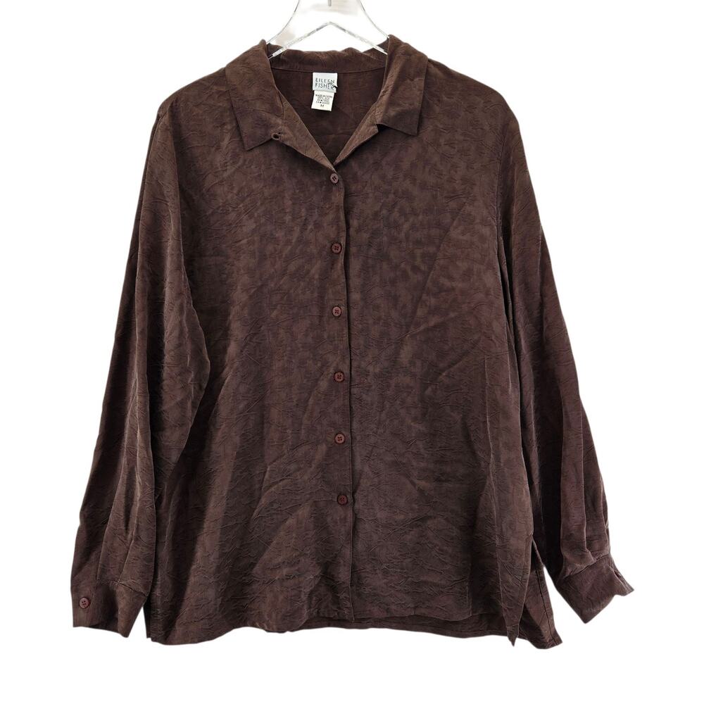 Vintage Eileen Fisher 100% Silk Tunic Top Size Medium Brown Leaf Print Lagenlook
